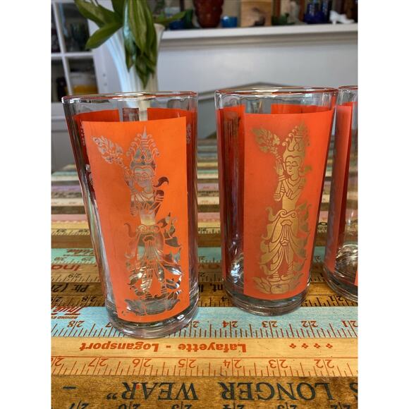 Thai Goddess Glass Mid Century Modern Retro Bar Set of 5 Asian MCM Red Some Wear - Picture 4 of 12